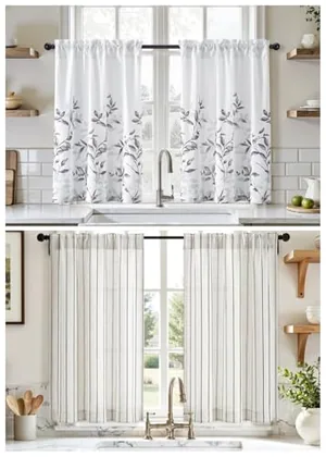 HOMEIDEAS Grey and White Leaf Floral Printed Non-See-Through Privacy Kitchen