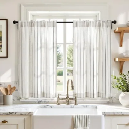 HOMEIDEAS Black Striped Linen Cafe Kitchen Tier Curtains 36 inches Long
